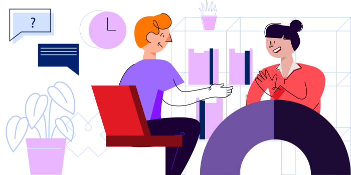 illustrated man and a women having a conversation in an office environment