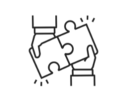 Line icon outline of two hands placing a puzzle piece together